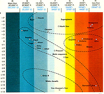 Absolute magnitudes vs surface temperature of some common named stars.